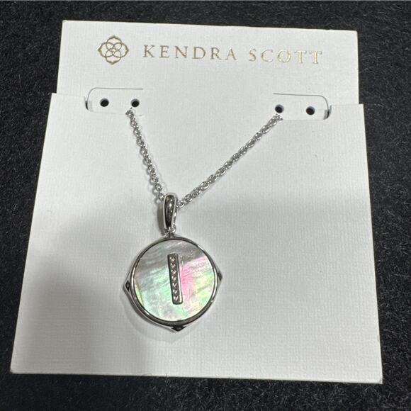 Kendra Scott Letter "I" Disc Pendant Necklace Rhodium Black Mother-Of-Pearl - Picture 1 of 4